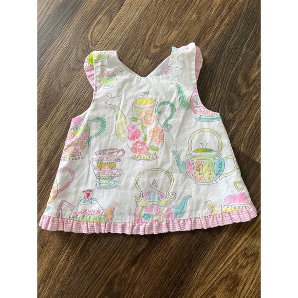 Le' Za‎ Me Tea Party Dress Teapots Cups Ruffle Trim Sleeveless Cross Back 12m - Picture 1 of 5